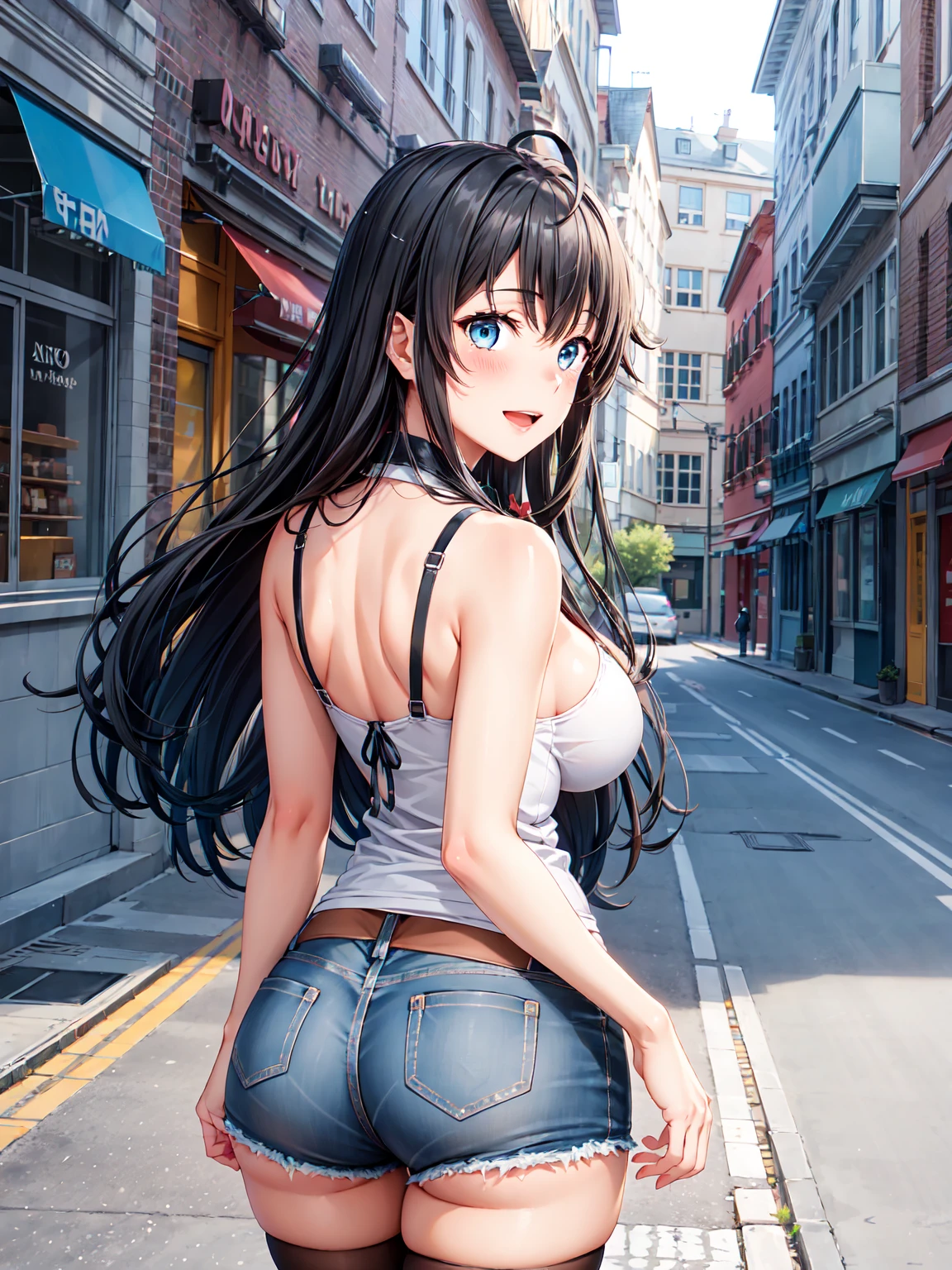 Masterpiece ,best quality , high resolution , (1 girl solo:1.38) , (yukino yukinoshita, black hair, blue eyes, long hair, ahoge) , (cleavage:1.1) , (big breast:1.06) , (denim_micro_short , top tank , stockings , sleeveless) , (face view , look at view , back view , from behind , head back ) , ( windows , outdoor , road , on street , in front of shop ) , (standing , thighs ) , (cowboy_shot) , (smile , open mouth full face blush , shy )