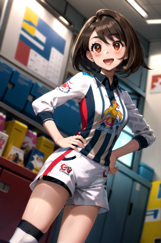 masterpiece,best quality,1girl,gloria2,brown eyes,brown hair,single glove,gloria \(pokemon\),bangs,collared shirt,white socks,white shorts,short hair,partially fingerless gloves,short shorts,kneehighs,striped shirt,bob cut,print shirt,vertical stripes,eyelashes,smile,open mouth,one hand on hip,gym,indoors,