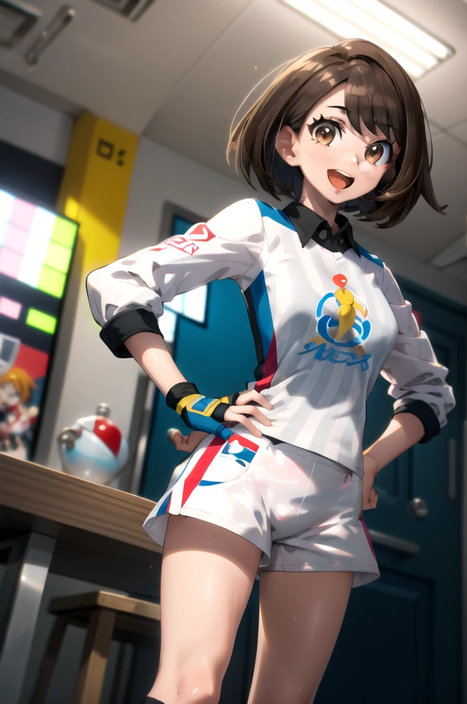 masterpiece,best quality,1girl,gloria2,brown eyes,brown hair,single glove,gloria \(pokemon\),bangs,collared shirt,white socks,white shorts,short hair,partially fingerless gloves,short shorts,kneehighs,striped shirt,bob cut,print shirt,vertical stripes,eyelashes,smile,open mouth,one hand on hip,gym,indoors,