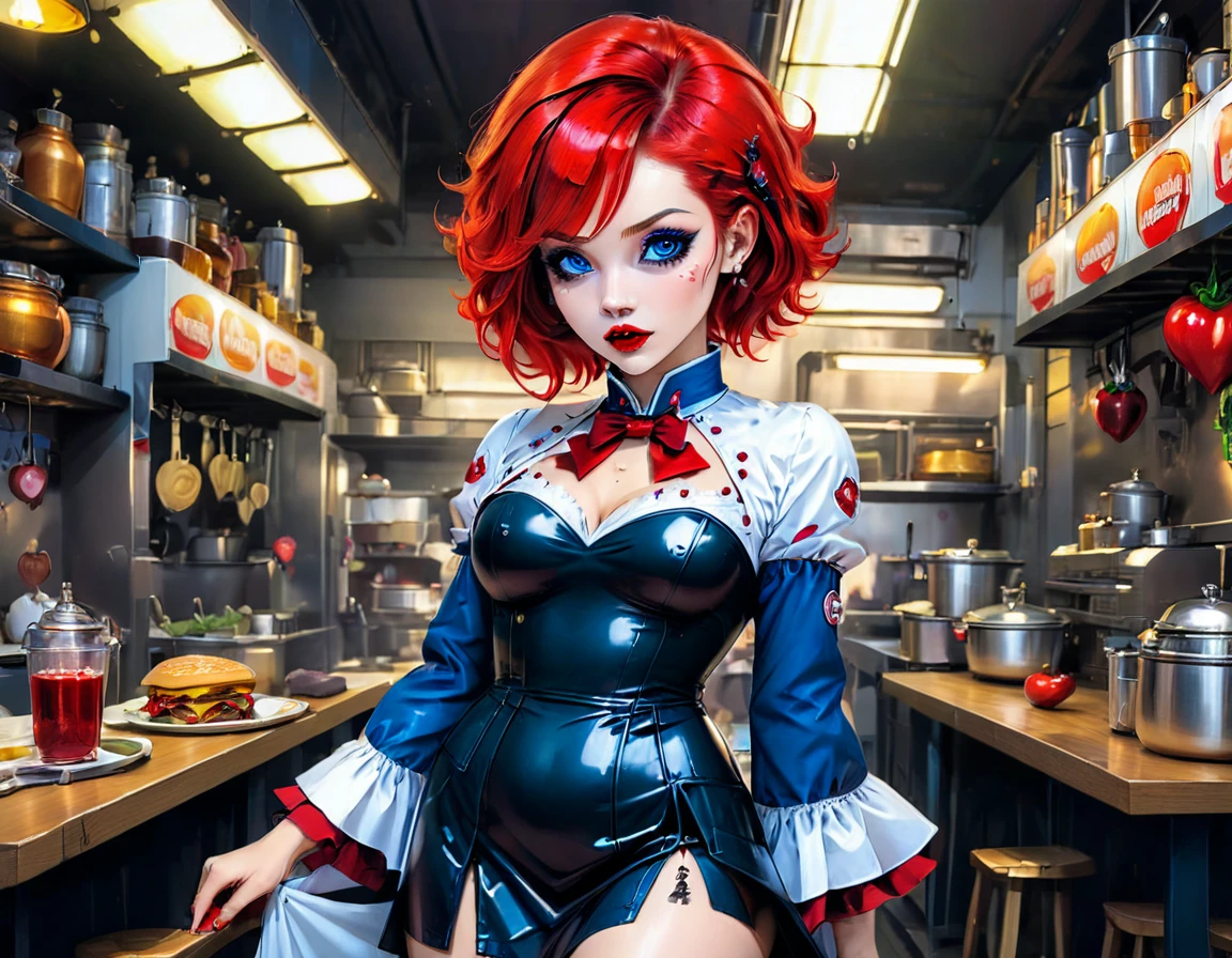 a 3D digital painting picture of extremely (beautiful female vanpire:1.3) serving a big juicy raw steak on a tray, dripping blood in a goth American diner, an exquisite beautiful female (vampire:1.3), (full body: 1.1) ultra feminine ultra detailed face, red hair, short hair, red lips, blue eyes, wearing sexy white seductive latex dress, serving a goth diner American kitchen background, full body dynamic angle, , award winning, best quality, high quality, high details, highres, vibrant, Ultra-high resolution, High Contrast, (masterpiece:1.5), highest quality, Best aesthetics, best details, best quality, highres, ultra wide angle, 16k, [ultra detailed], masterpiece, best quality, photorealistic, 3D rendering, hud_s1n, short black dress, long sleeves, veil, thighhighs