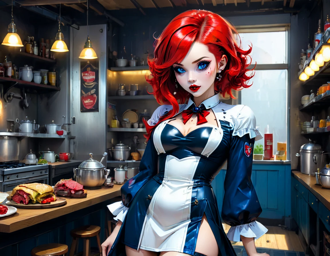 a 3D digital painting picture of extremely (beautiful female vanpire:1.3) serving a big juicy raw steak on a tray, dripping blood in a goth American diner, an exquisite beautiful female (vampire:1.3), (full body: 1.1) ultra feminine ultra detailed face, red hair, short hair, red lips, blue eyes, wearing sexy white seductive latex dress, serving a goth diner American kitchen background, full body dynamic angle, , award winning, best quality, high quality, high details, highres, vibrant, Ultra-high resolution, High Contrast, (masterpiece:1.5), highest quality, Best aesthetics, best details, best quality, highres, ultra wide angle, 16k, [ultra detailed], masterpiece, best quality, photorealistic, 3D rendering, hud_s1n, short black dress, long sleeves, veil, thighhighs