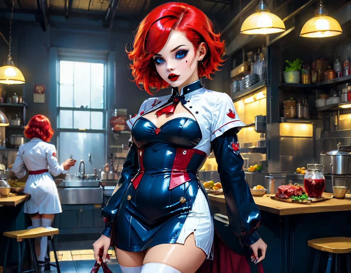 a 3D digital painting picture of extremely (beautiful female vanpire:1.3) serving a big juicy raw steak on a tray, dripping blood in a goth American diner, an exquisite beautiful female (vampire:1.3), (full body: 1.1) ultra feminine ultra detailed face, red hair, short hair, red lips, blue eyes, wearing sexy white seductive latex dress, serving a goth diner American kitchen background, full body dynamic angle, , award winning, best quality, high quality, high details, highres, vibrant, Ultra-high resolution, High Contrast, (masterpiece:1.5), highest quality, Best aesthetics, best details, best quality, highres, ultra wide angle, 16k, [ultra detailed], masterpiece, best quality, photorealistic, 3D rendering, hud_s1n, short black dress, long sleeves, veil, thighhighs