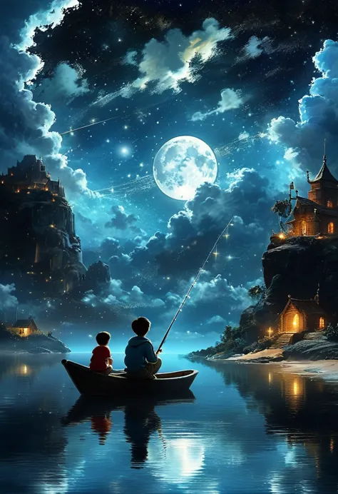 
"Against the backdrop of the starry night sky, (the boy sits on one 1 crescent), quietly fishing with a simple fishing rod. Moo...