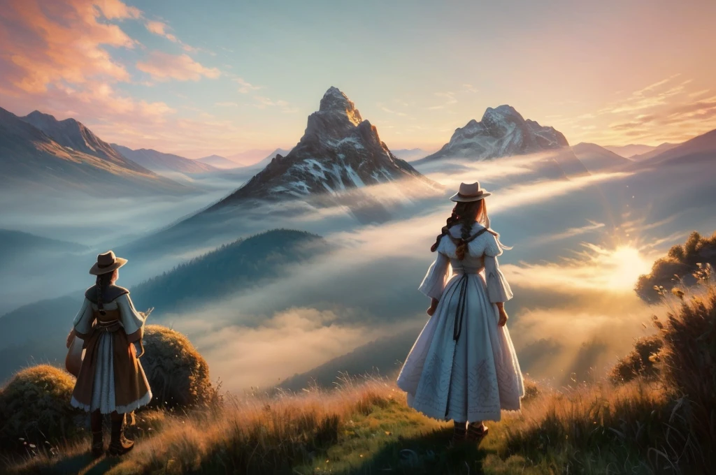 Magical digital illustration, surrealism, sunset, huge wolf walk among the mountains,  turns round and looks at the girl, girl standing with her back, A girl stands on a wooden balcony overlooking a vast, misty mountain landscape, a girl dressed in a Caucasian national dress, with two long braids, calm peaceful atmosphere, natural light, (( Artem Chebokha, Devin Elle Kurtz, Rossdraws style)), Peter Morbacher style, awarded on artstation, cinematic light, magical light