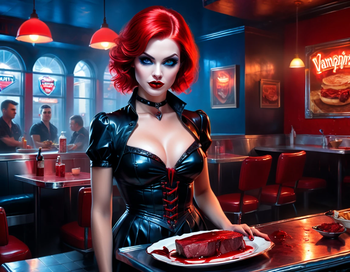 a 3D digital painting picture of extremely (beautiful female vanpire:1.3) serving a big juicy raw steak on a tray, dripping blood in a goth American diner, an exquisite beautiful female (vampire:1.3), (full body: 1.1) ultra feminine ultra detailed face, red hair, short hair, red lips, blue eyes, wearing sexy white seductive latex dress, serving a goth diner American kitchen background, full body dynamic angle, , award winning, best quality, high quality, high details, highres, vibrant, Ultra-high resolution, High Contrast, (masterpiece:1.5), highest quality, Best aesthetics, best details, best quality, highres, ultra wide angle, 16k, [ultra detailed], masterpiece, best quality, photorealistic, 3D rendering, furry