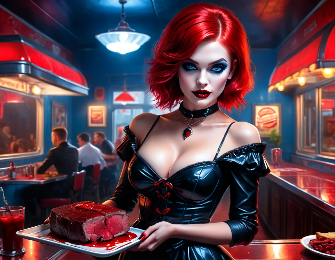 a 3D digital painting picture of extremely (beautiful female vanpire:1.3) serving a big juicy raw steak on a tray, dripping blood in a goth American diner, an exquisite beautiful female (vampire:1.3), (full body: 1.1) ultra feminine ultra detailed face, red hair, short hair, red lips, blue eyes, wearing sexy white seductive latex dress, serving a goth diner American kitchen background, full body dynamic angle, , award winning, best quality, high quality, high details, highres, vibrant, Ultra-high resolution, High Contrast, (masterpiece:1.5), highest quality, Best aesthetics, best details, best quality, highres, ultra wide angle, 16k, [ultra detailed], masterpiece, best quality, photorealistic, 3D rendering, furry