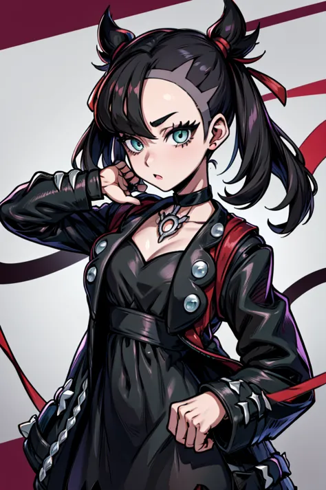 (masterpiece, best quality), 1girl, marnie_pokemon, choker, red ribbon, black choker, dress, jacket, black jacket