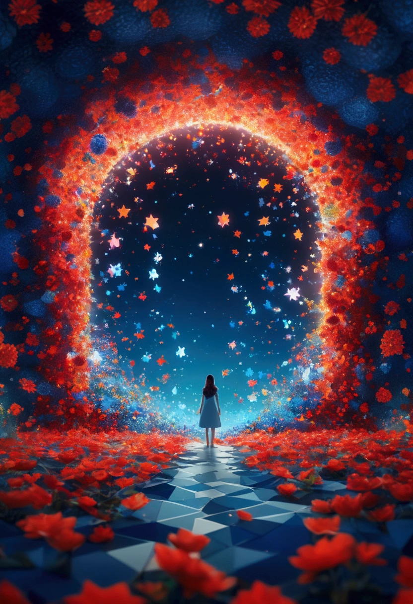 nuit，Belle fille avec des pixels dissolvants dégradés bleus, Blocs de voxels 3D, Une structure initialement intacte mais progressivement désintégrée dans l&#39;air, Verre Mille Fleurs, ciel étoilé，fantaisie，la magie，mystère，illusoire，rêveur，Inversé, symétrie rouge, Haute qualité，Rendu d&#39;octane，Carte conceptuelle de la scène,