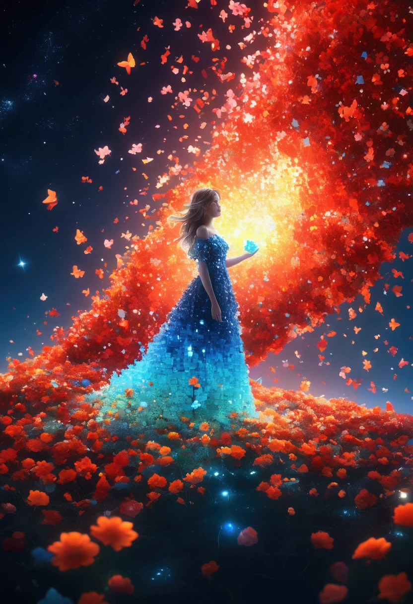 night，Beautiful girl with blue gradient dissolving pixels, 3D Voxel Blocks, A structure that was initially intact but gradually disintegrated in the air, Thousand Flower Glass, Starry Sky，fantasy，magic，mystery，illusory，Dreamy，Inverted, red symmetry, high quality，Octane Rendering，Concept map of the scene,