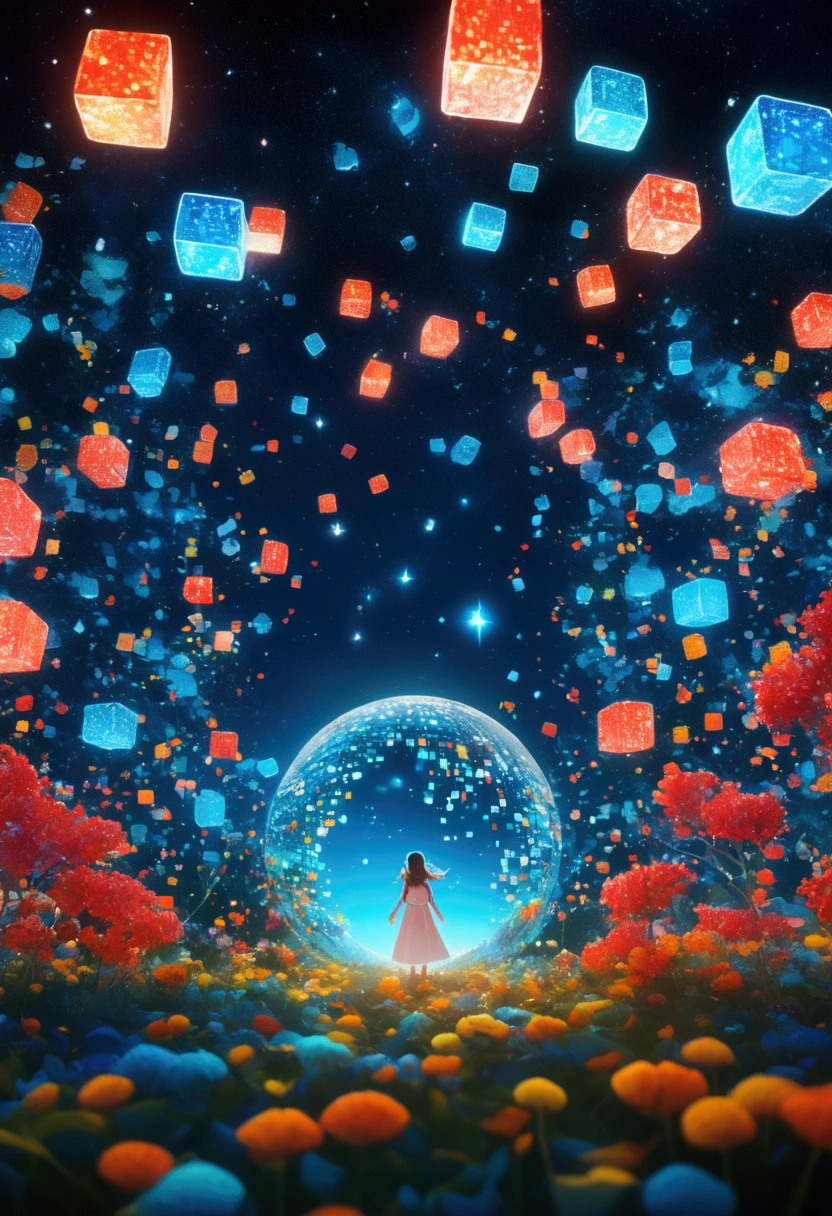 noite，Linda garota com gradiente azul dissolvendo pixels, Blocos de Voxel 3D, Uma estrutura que inicialmente estava intacta, mas gradualmente se desintegrou no ar, Copo de Mil Flores, céu estrelado，fantasia，Magia，Mistério，ILUSÓRIO，sonhadores，invertido, simetria vermelha, alta qualidade，renderização de octanas，Mapa conceitual da cena,