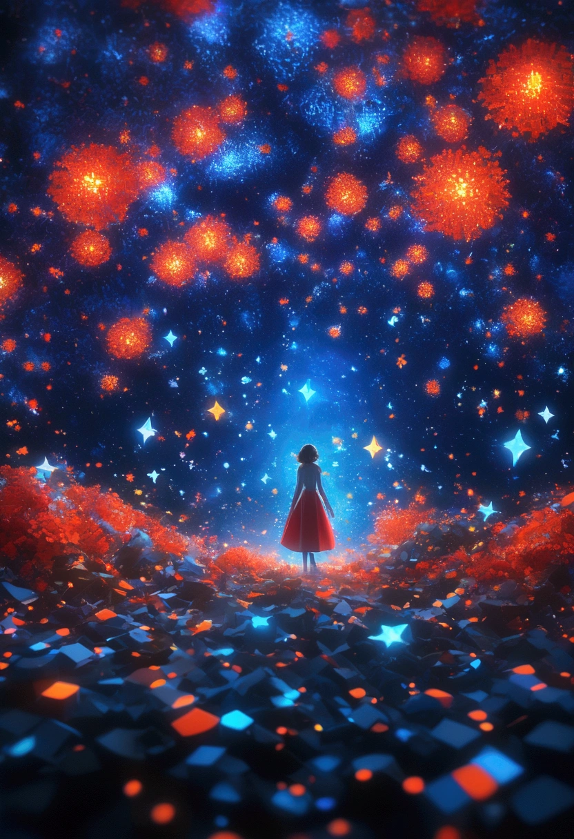 night，Beautiful girl with blue gradient dissolving pixels, 3D Voxel Blocks, A structure that was initially intact but gradually disintegrated in the air, Thousand Flower Glass, Starry Sky，fantasy，magic，mystery，illusory，Dreamy，Inverted, red symmetry, high quality，Octane Rendering，Concept map of the scene,