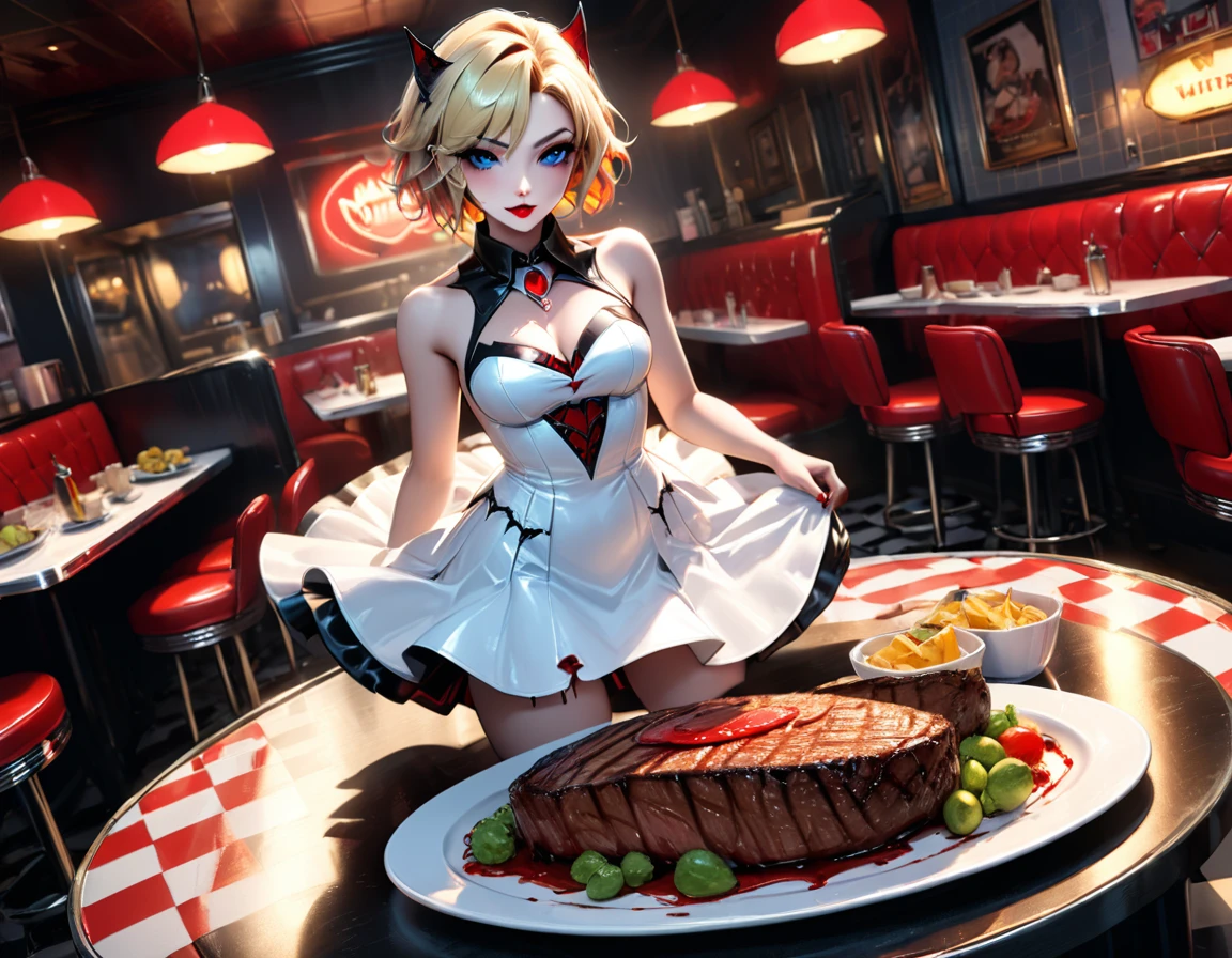 a 3D digital painting picture of extremely (beautiful female vanpire:1.3) ((serving a big juicy raw steak: 1.3)) on a tray, dripping blood in a goth American diner, an exquisite beautiful female (vampire:1.3), (full body: 1.1) ultra feminine ultra detailed face, blond hair, short hair, red lips, blue eyes, wearing sexy white seductive latex dress, serving a goth diner American kitchen background, full body dynamic angle, , award winning, best quality, high quality, high details, highres, vibrant, Ultra-high resolution, High Contrast, (masterpiece:1.5), highest quality, Best aesthetics, best details, best quality, highres, ultra wide angle, 16k, [ultra detailed], masterpiece, best quality, photorealistic, 3D rendering, furry