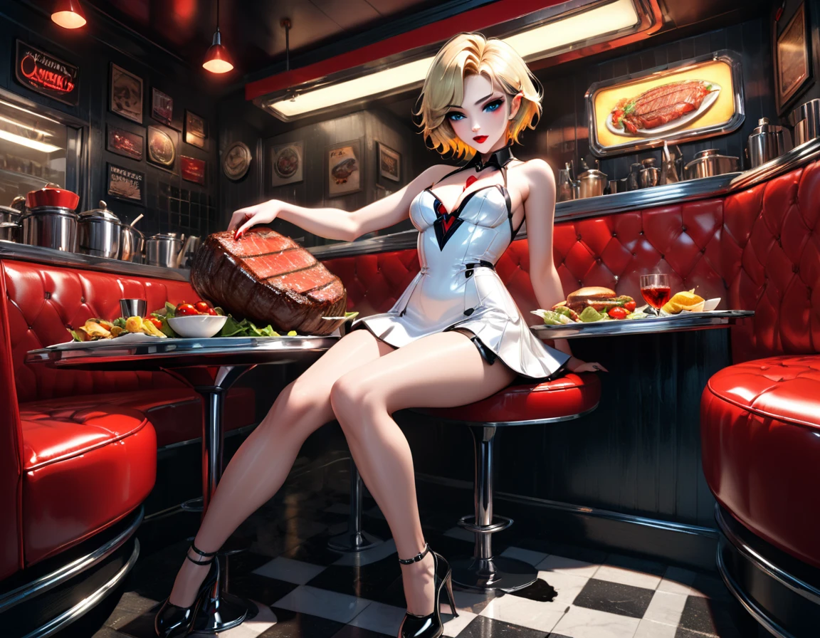 a 3D digital painting picture of extremely (beautiful female vanpire:1.3) ((serving a big juicy raw steak: 1.3)) on a tray, dripping blood in a goth American diner, an exquisite beautiful female (vampire:1.3), (full body: 1.1) ultra feminine ultra detailed face, blond hair, short hair, red lips, blue eyes, wearing sexy white seductive latex dress, serving a goth diner American kitchen background, full body dynamic angle, , award winning, best quality, high quality, high details, highres, vibrant, Ultra-high resolution, High Contrast, (masterpiece:1.5), highest quality, Best aesthetics, best details, best quality, highres, ultra wide angle, 16k, [ultra detailed], masterpiece, best quality, photorealistic, 3D rendering, furry