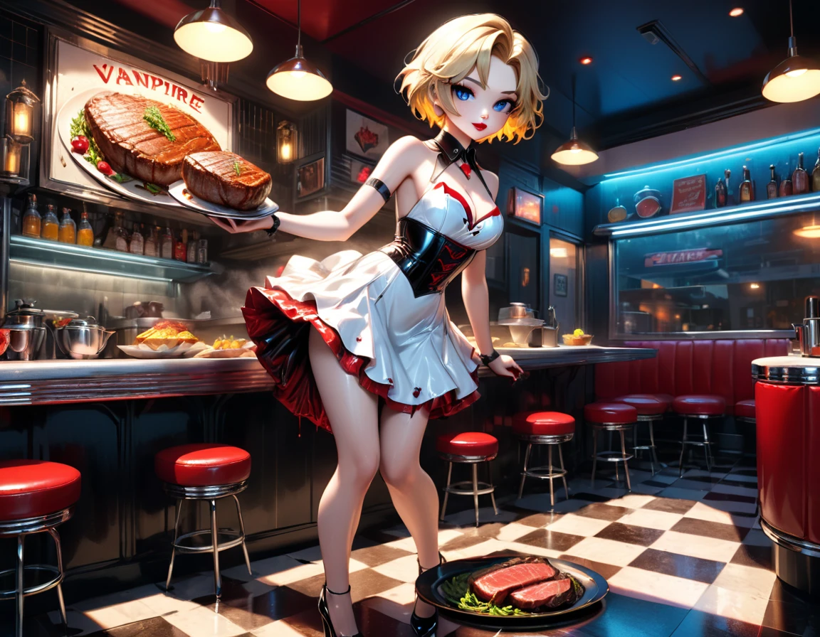 a 3D digital painting picture of extremely (beautiful female vanpire:1.3) ((serving a big juicy raw steak: 1.3)) on a tray, dripping blood in a goth American diner, an exquisite beautiful female (vampire:1.3), (full body: 1.1) ultra feminine ultra detailed face, blond hair, short hair, red lips, blue eyes, wearing sexy white seductive latex dress, serving a goth diner American kitchen background, full body dynamic angle, , award winning, best quality, high quality, high details, highres, vibrant, Ultra-high resolution, High Contrast, (masterpiece:1.5), highest quality, Best aesthetics, best details, best quality, highres, ultra wide angle, 16k, [ultra detailed], masterpiece, best quality, photorealistic, 3D rendering, furry