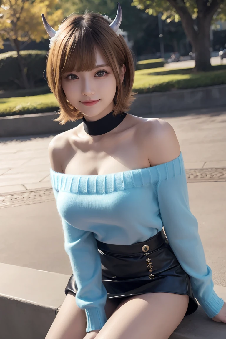 memcho, memcho, (Big Breasts:1.3), Blonde, blue eyes, Blunt bangs, devil horn, fake horn, horn, short hair, Breaking the Bare Shoulders, black skirt, (blue sweater: 1.5), Long sleeve, Off the shoulder, Off the shoulder sweater, Puffy sleeves, skirt, sweater, White ribbon, Taking a break from watching the audience,  (at the park), (masterpiece: 1.2), best quality, High resolution, Unity 8k wallpaper, (An illustration: 0.8), (Beautiful eye details: 1.6), Very detailed顔, Perfect lighting, Extremely detailed CG, (Perfect hands, Perfect Anatomy) , Perfect Eyes, Have a very sexy body, Have a full chest and a slim waist, And a very sexy body, Bold Look. young, quality, Very detailed, Realistic, smile, Calm, Perfect Eyes, Have a very sexy body, Have a full chest and a slim waist, And a very sexy body, Bold Look. young, quality, Very detailed, Realistic,