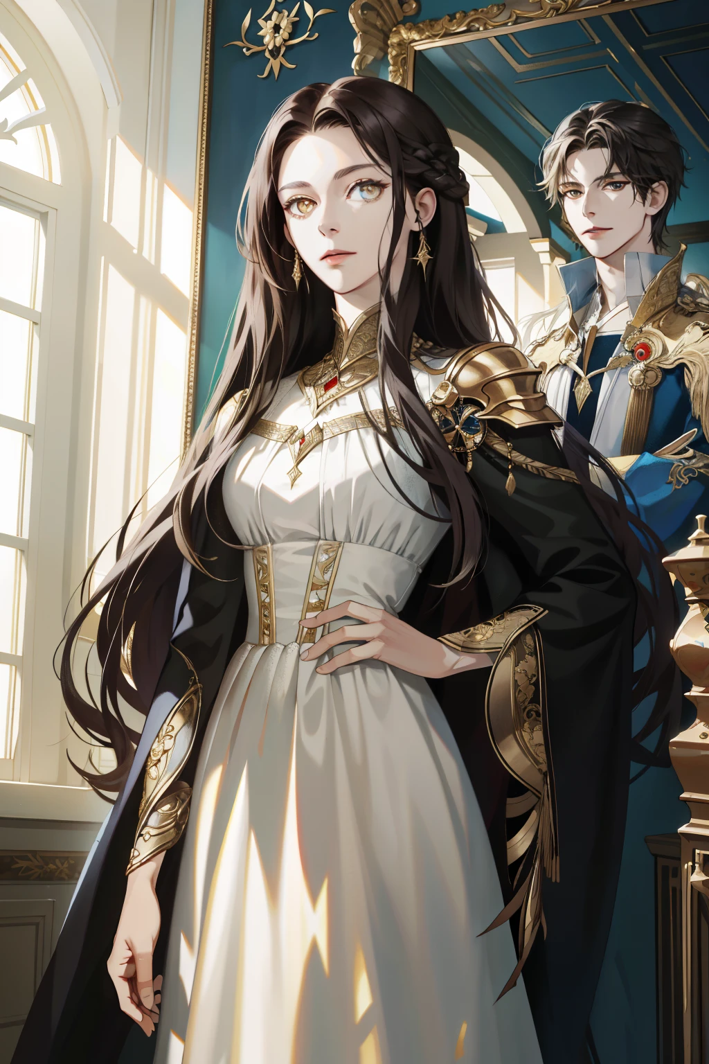 (absurd, high resolution, ultra detailed), When I noticed a painting on the wall.
It was a portrait of my family.
Zephyr stood beside. Valendrya. Her Dark hair and golden eyes highly resembled me. 
I stood in front of her With Valsendrake and Icarus standing beside me. 
painting