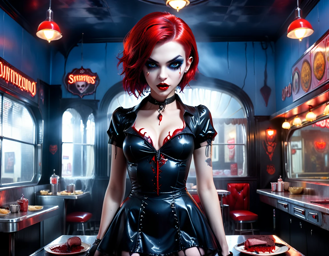 uma imagem 3D de uma mulher extremamente bonita:1.3) servindo um grande bife suculento em uma bandeja, pingando sangue em um restaurante gótico americano, uma fêmea bonita requintada (vampiro:1.3), (corpo todo: 1.1) ultra feminine ultra detalhado face, cabelo vermelho, cabelo curto, lábios vermelhos, olhos azuis, usando sexy branco sedutor vestido de látex, servindo um restaurante gótico fundo de cozinha americana, corpo todo dynamic angle, , premiado, melhor qualidade, alta qualidade, detalhes altos, alta resolução, vibrante, Resolução ultra-alta, Alto contraste, (obra de arte:1.5), mais alta qualidade, melhor estética, melhores detalhes, melhor qualidade, alta resolução, ultra grande angular, 16k, [ultra detalhado], obra de arte, melhor qualidade,  fotorrealista, Renderização 3D, pessoa gótica