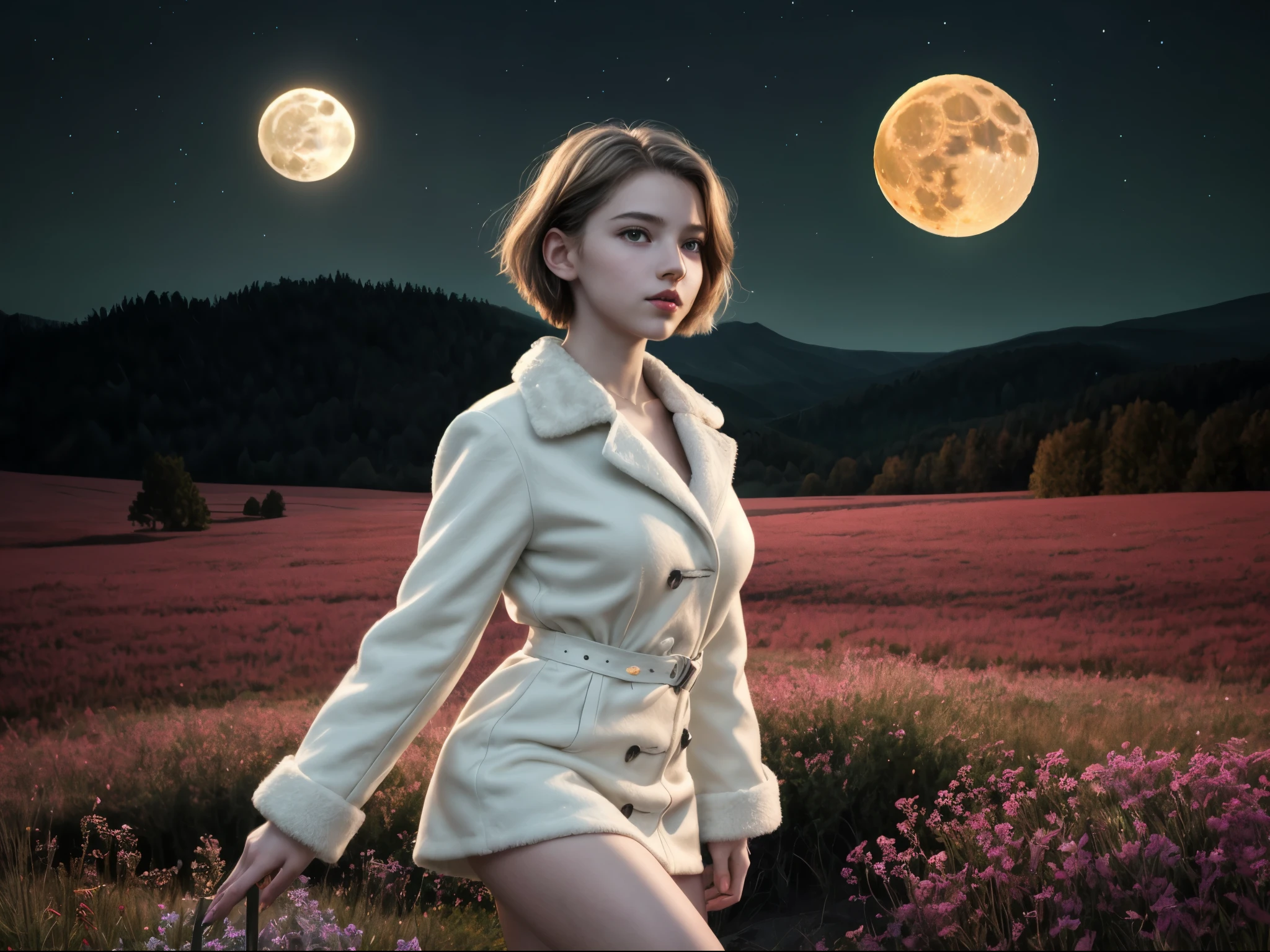 1girl, detailed face, looking at viewer, parted lips, expressive, beautiful intricate body, fine line work, shiny skin, (white short hair:1.2), green collared mini dress, fur collar fur-trimmed coat, concept art, expansive landscape, flower field, (full moon:1.2), distant mountain, production art, warm light source, firefly, lamp, purple and orange, intricate details, volume lighting, masterpiece, highest quality, dynamic configuration, colorful, irisdescent, sparkling lighting, atmospheric lighting, dreamy, magical, full breasts, (10yo, cute:1.3), (breasts:1.2),