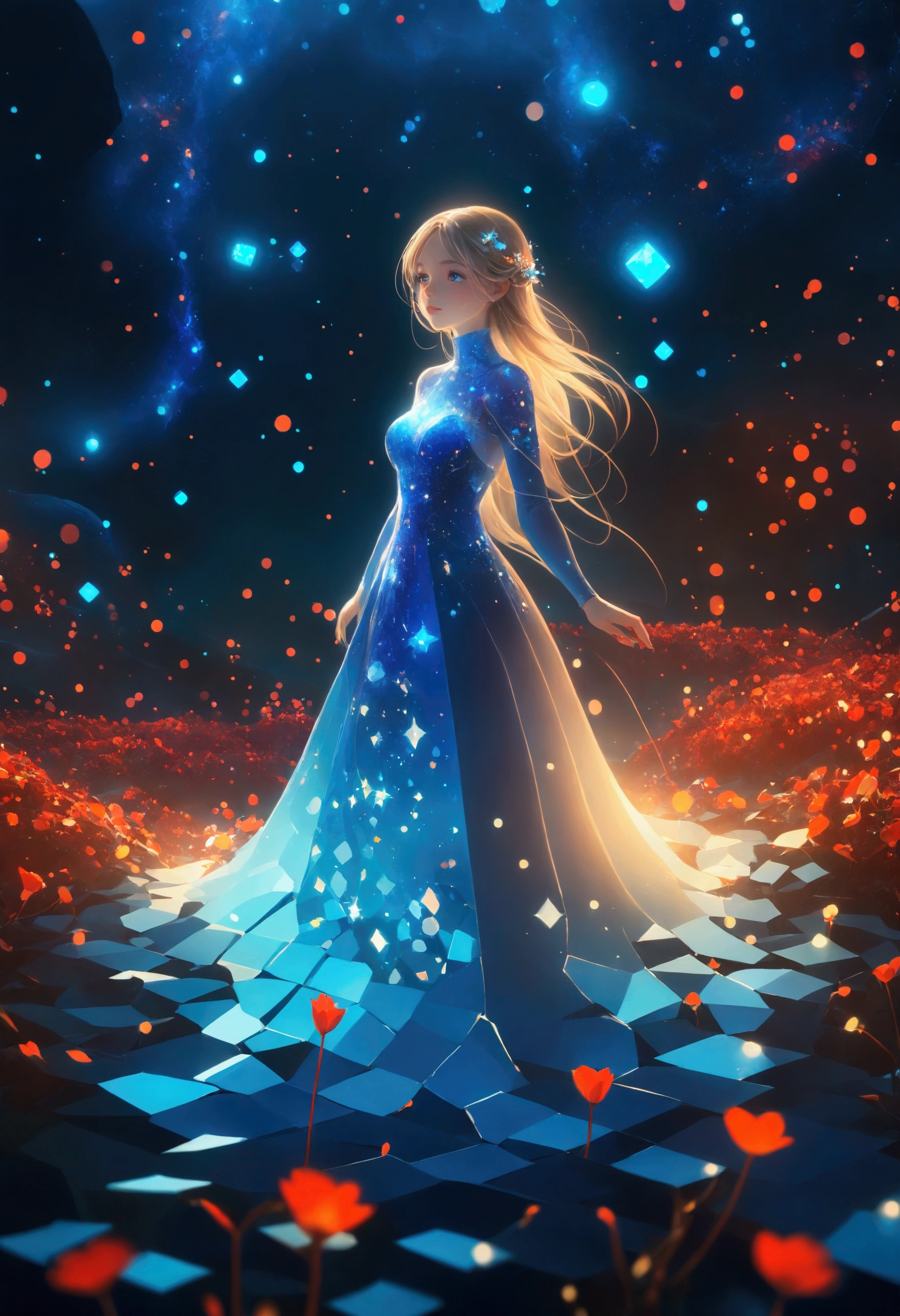 night，Beautiful girl with blue gradient dissolving pixels, 3D Voxel Blocks, A structure that was initially intact but gradually disintegrated in the air, Thousand Flower Glass, Starry Sky，fantasy，magic，mystery，illusory，Dreamy，Inverted, red symmetry, high quality，Octane Rendering，Concept map of the scene,