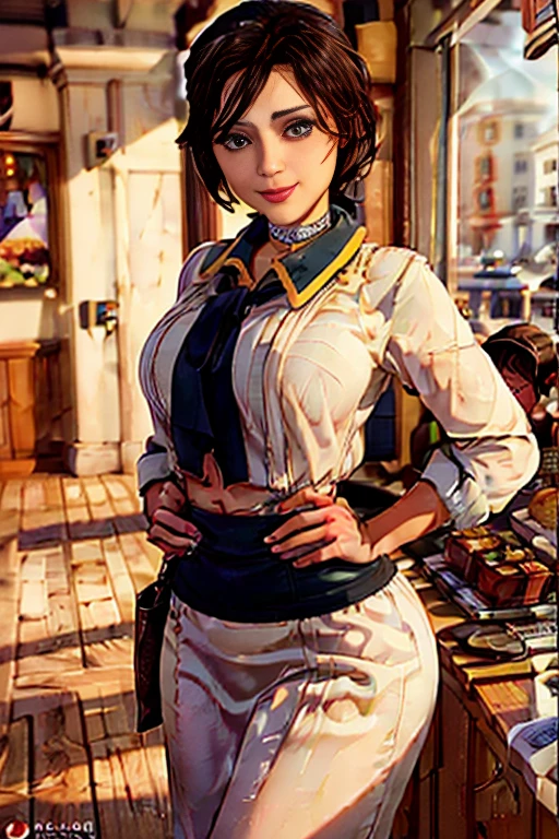 Elizabeth as a fast food worker, fast food restaurant, fast food counter, sexy fast food apron, sexy fast food uniform, midriff, cleavage, french fries, hamburger, cheeseburger, soda, milkshake, cashier, order taking, cooking, serving, smiling, friendly expression, dynamic pose, bright lighting, warm colors, photorealistic, (best quality,4k,8k,highres,masterpiece:1.2),ultra-detailed,(realistic,photorealistic,photo-realistic:1.37)