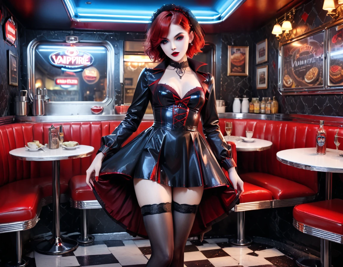 a 3D digital painting picture of extremely (beautiful female vanpire:1.3) serving a big juicy raw steak on a tray, dripping blood in a goth American diner, an exquisite beautiful female (vampire:1.3), (full body: 1.1) ultra feminine ultra detailed face, red hair, short hair, red lips, blue eyes, wearing sexy white seductive latex dress, serving a goth diner American kitchen background, full body dynamic angle, , award winning, best quality, high quality, high details, highres, vibrant, Ultra-high resolution, High Contrast, (masterpiece:1.5), highest quality, Best aesthetics, best details, best quality, highres, ultra wide angle, 16k, [ultra detailed], masterpiece, best quality, photorealistic, 3D rendering, hud_s1n, short black dress, long sleeves, veil, thighhighs