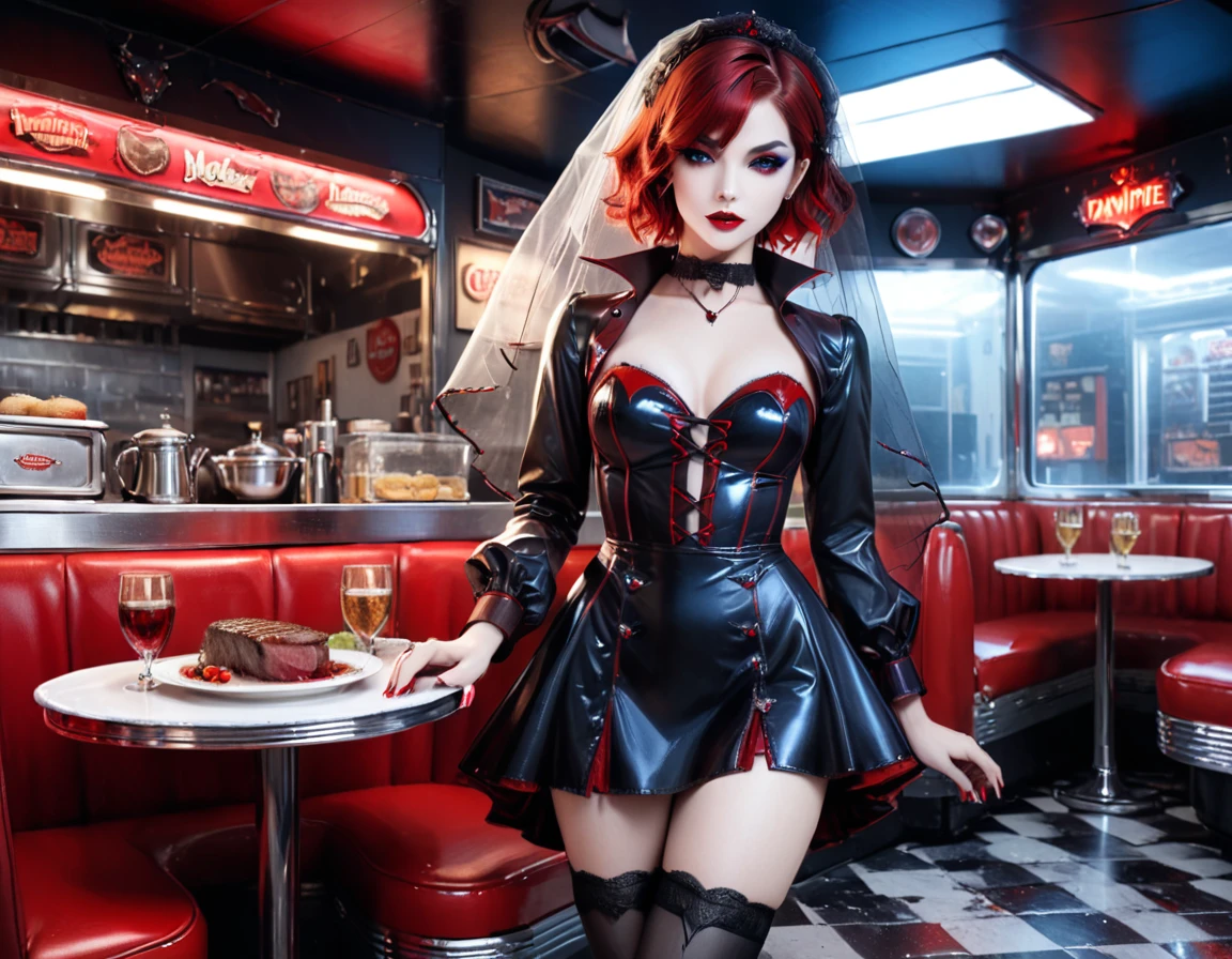 a 3D digital painting picture of extremely (beautiful female vanpire:1.3) serving a big juicy raw steak on a tray, dripping blood in a goth American diner, an exquisite beautiful female (vampire:1.3), (full body: 1.1) ultra feminine ultra detailed face, red hair, short hair, red lips, blue eyes, wearing sexy white seductive latex dress, serving a goth diner American kitchen background, full body dynamic angle, , award winning, best quality, high quality, high details, highres, vibrant, Ultra-high resolution, High Contrast, (masterpiece:1.5), highest quality, Best aesthetics, best details, best quality, highres, ultra wide angle, 16k, [ultra detailed], masterpiece, best quality, photorealistic, 3D rendering, hud_s1n, short black dress, long sleeves, veil, thighhighs