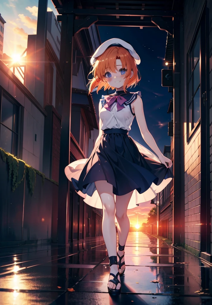 kidney, Rena Ryuuguu, Orange Hair, short hair, blue eyes, smile, blush,Grin,(Small breasts:1.2),beret,Sleeveless dress,Long skirt,Heeled Sandals,evening,sunset,The sun is setting,Walking,whole bodyがイラストに入る,
break looking at viewer,whole body,
break outdoors, In town,
break (masterpiece:1.2), Highest quality, High resolution, unity 8k wallpaper, (figure:0.8), (Beautiful attention to detail:1.6), Highly detailed face, Perfect lighting, Highly detailed CG, (Perfect hands, Perfect Anatomy),