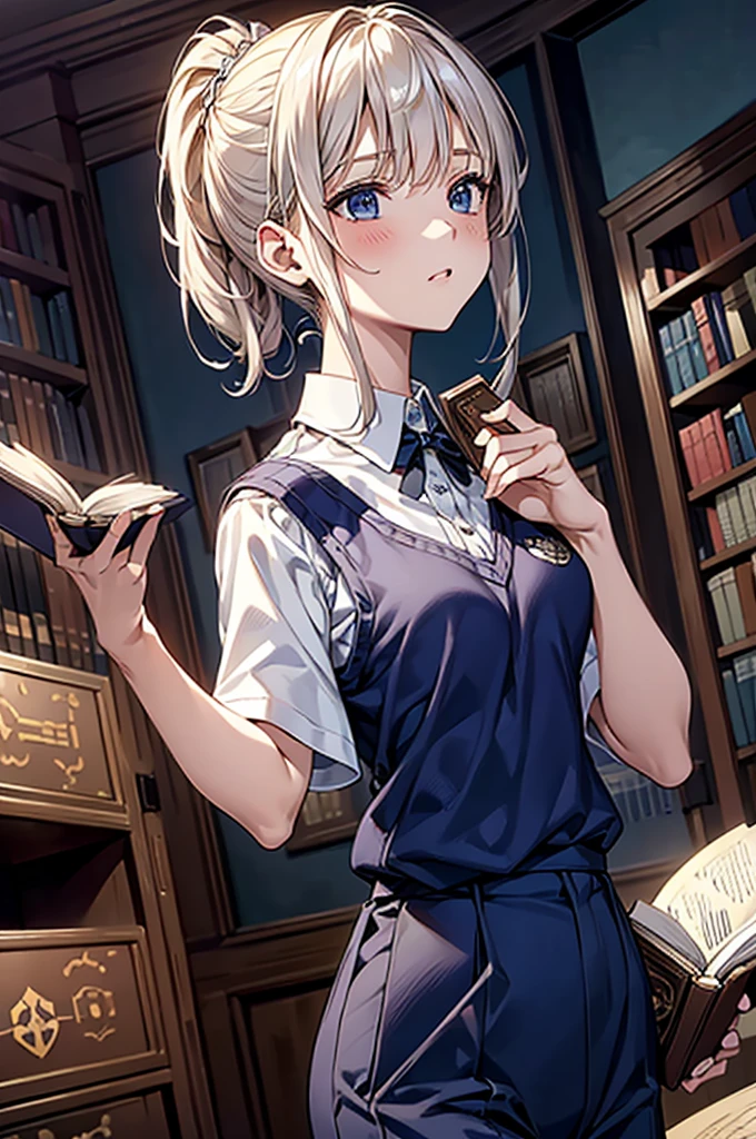 masterpiece、Highest quality、Very detailed、An illustration、Beautiful attention to detail、One Girl、cute、Detailed landscape、Library Background、Platinum Blonde Hair、Braided Ponytail、((D cup breasts, Collared short-sleeved shirt:1.3, A navy blue vest with the school emblem on the chest, Navy blue slacks)), (Reaching for a book that is high up:1.6)