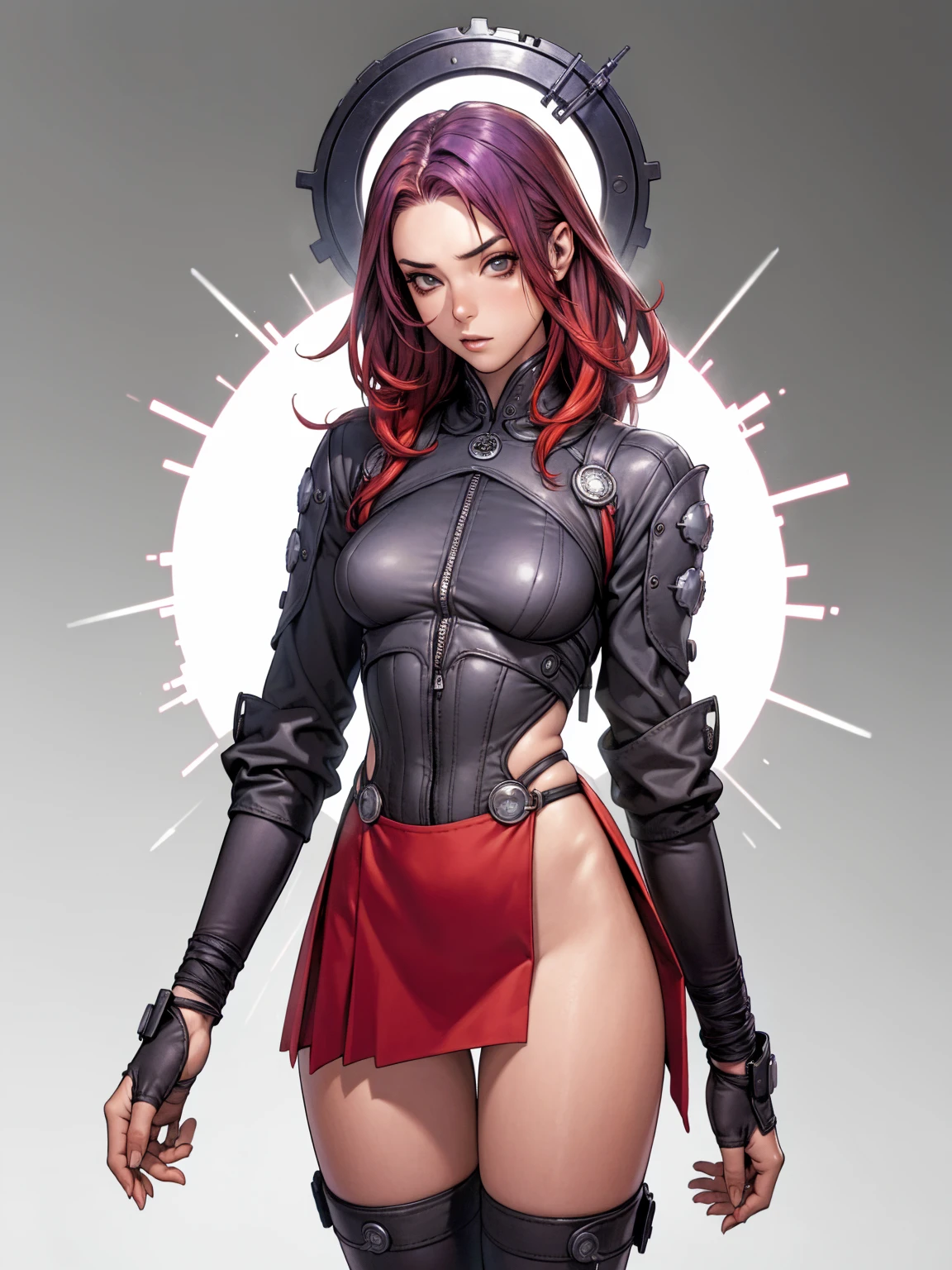 ((( transparent black suit ))), (((bandaged arms))), ((high collar)), (((red micro skirt with vertical seams all closed))), (((multi-colored hair))), (((best qualityer: 1.4))), (Unbeatable masterpiece), (hiper HD),(CG 8k hyper-realistic), (((brave face))), (((breasts big))), (((hyper feminine))), sexly girl, Thor,（black bob hair)), ((( sculptural body ))), (((1 Kizi))), Kizi cibernética de 25 anos com perfectbody,,Beautiful and well-groomed face,muscular body:1.2,solid color detailed jacket, (Head to thigh photos), Complex equipment, green dark，long pants，Tight clothes are dark，With white stars and off-white stripes,,,,,Armor Metal Electronic Parts) INFO, Kizi, (((standing alone))), pirralha violent, (((14歳))), sexly, pose de atitude, work of art, post-apocalypse, (((manga style))), bounty hunter, violent, Manic, the way you want, slenderbody, thin but strong, perfectbody, roupa moderna, advanced technology, neon, sleeves with vertical striped pattern, abandoned factory background, (( cowboy shot )). intricate visual