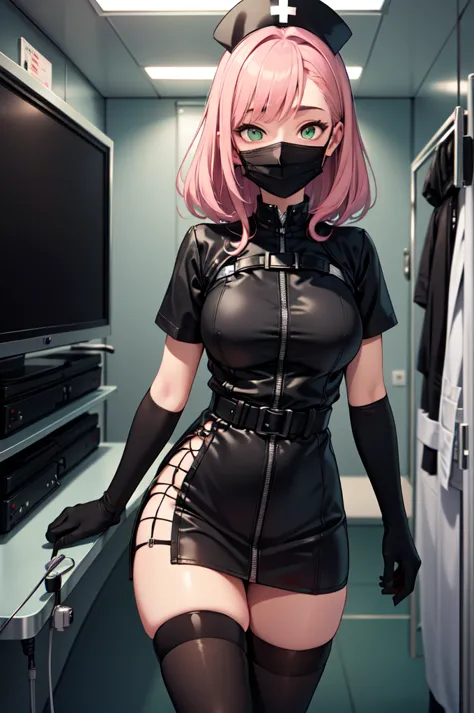 black nurse, 1woman, solo, black nurse cap, black nurse uniform, ((black legwear, zettai ryouiki)), black elbow gloves, pink hai...