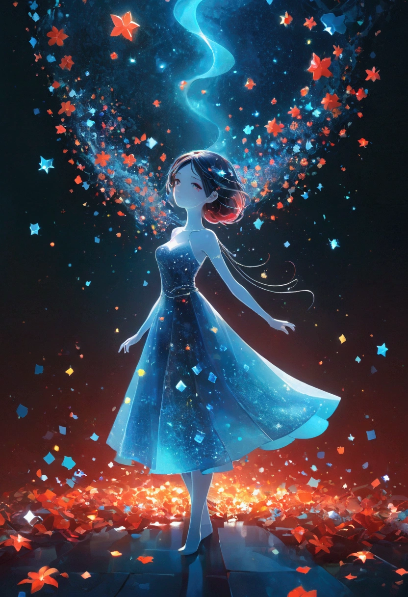 night，Beautiful girl with blue gradient dissolving pixels, Exquisite face, 3D Voxel Blocks, A structure that was initially intact but gradually disintegrated in the air, Thousand Flower Glass, Starry Sky，fantasy，magic，mystery，illusory，Dreamy，Inverted, red symmetry, high quality，Octane Rendering，Concept map of the scene,