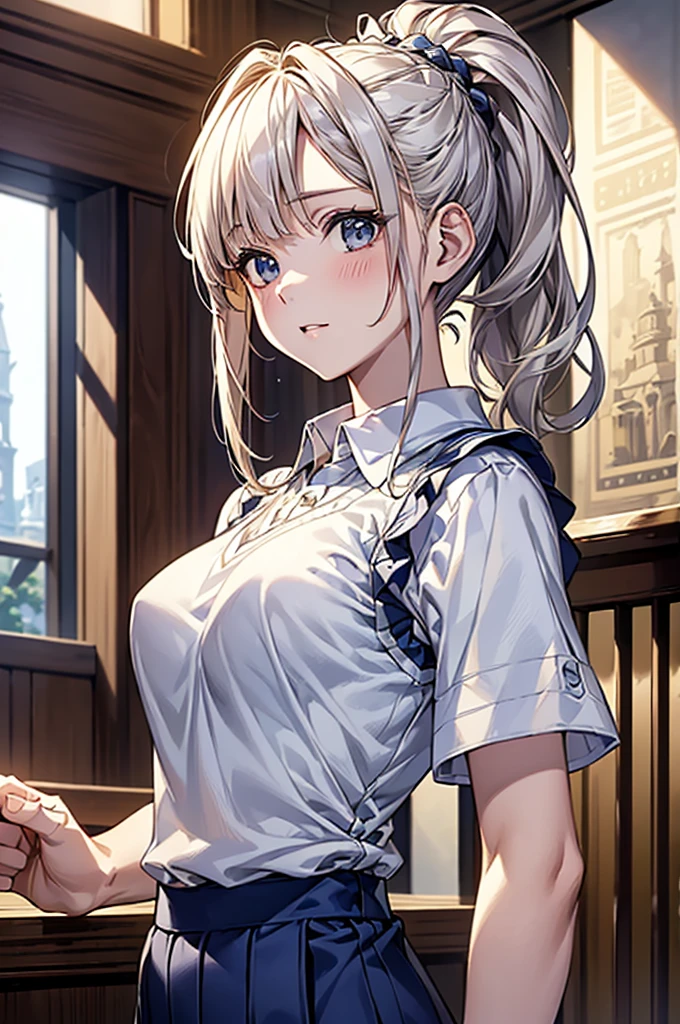 masterpiece、Highest quality、Very detailed、An illustration、Beautiful attention to detail、One Girl、cute、Detailed landscape、Bar Background、Platinum Blonde Hair、Braided Ponytail、((D cup breasts, Collared short-sleeved shirt:1.3, White vest, Navy blue slacks)),