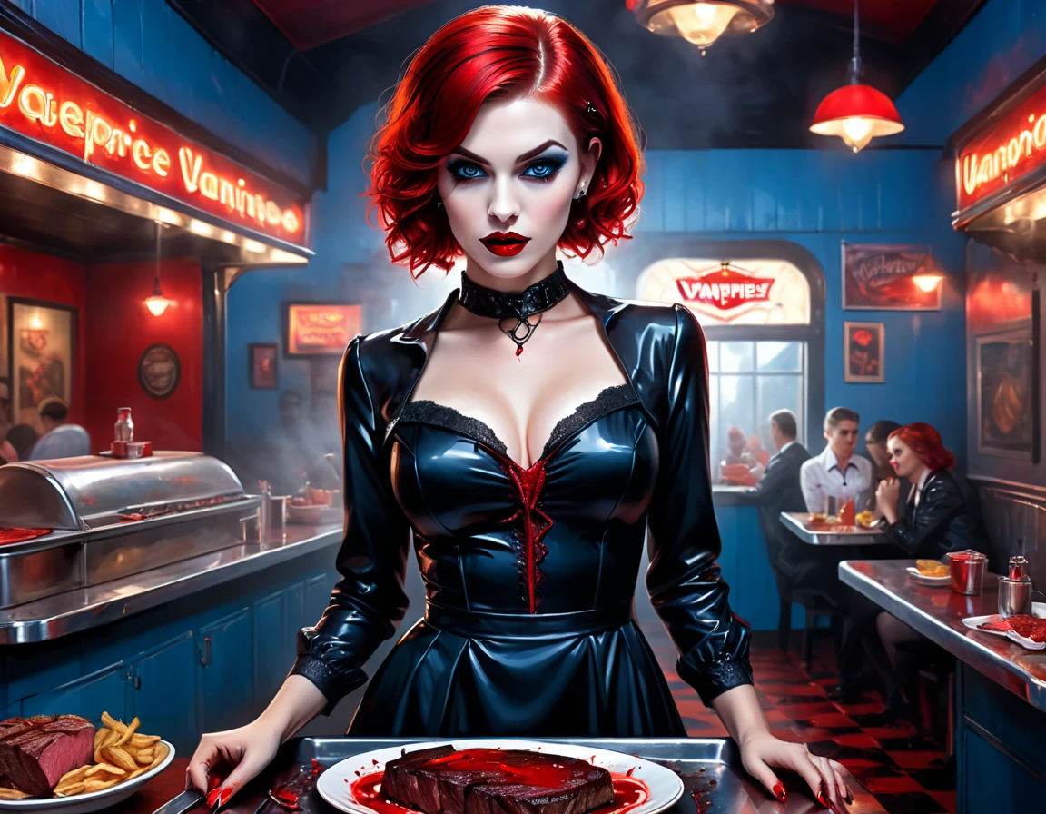 uma imagem de pintura digital 3D extremamente (linda mulher vanpire:1.3) servindo um grande e suculento bife cru em uma bandeja, pingando sangue em uma lanchonete gótica americana, uma fêmea bonita requintada (vampiro:1.3), (corpo todo: 1.1) ultra feminine ultra detalhado face, cabelo vermelho, cabelo curto, lábios vermelhos, olhos azuis, usando sexy branco sedutor vestido de látex, servindo um restaurante gótico fundo de cozinha americana, corpo todo dynamic angle, , premiado, melhor qualidade, alta qualidade, detalhes altos, alta resolução, vibrante, Resolução ultra-alta, Alto contraste, (obra de arte:1.5), mais alta qualidade, melhor estética, melhores detalhes, melhor qualidade, alta resolução, ultra grande angular, 16k, [ultra detalhado], obra de arte, melhor qualidade, fotorrealista, Renderização 3D, hud_s1n, vestido preto curto, mangas compridas, véu, coxas