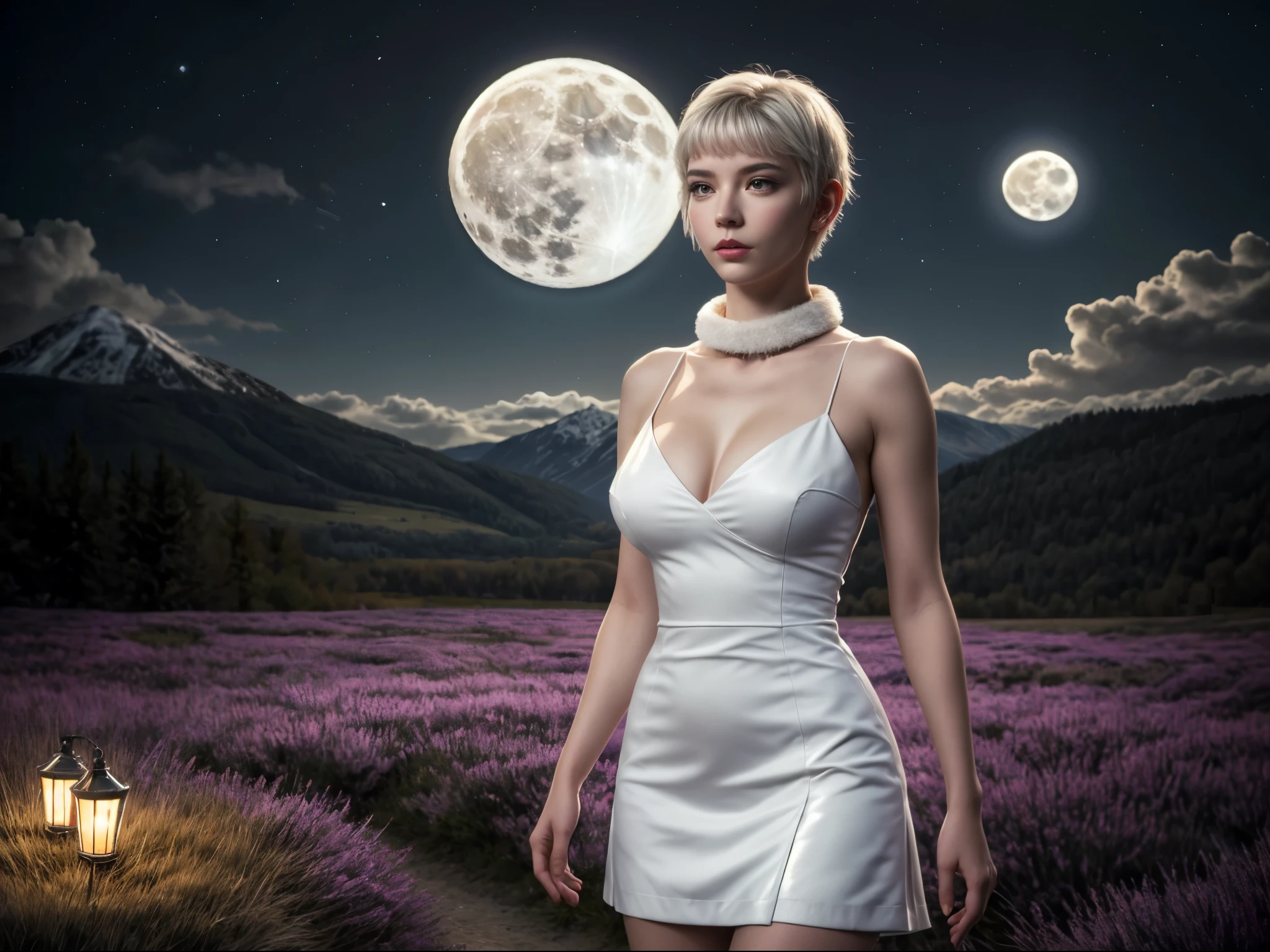 1girl, detailed face, looking at viewer, parted lips, expressive, beautiful intricate body, fine line work, shiny skin, (white short hair:1.2), taut mini dress, fur collar fur-trimmed coat, concept art, expansive landscape, flower field, (full moon:1.2), distant mountain, production art, warm light source, firefly, lamp, purple and orange, intricate details, volume lighting, masterpiece, highest quality, dynamic configuration, colorful, irisdescent, sparkling lighting, atmospheric lighting, dreamy, magical, full breasts, gigantic breasts,