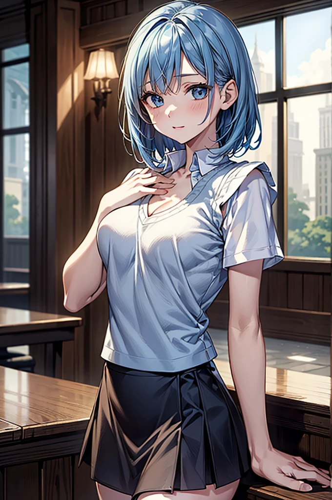 masterpiece、Highest quality、Very detailed、An illustration、Beautiful attention to detail、One Girl、cute、Detailed landscape、Bar Background、Light blue hair、Bob Hair、((C cup breasts, Short sleeve shirt:1.3, White vest, mini skirt)),