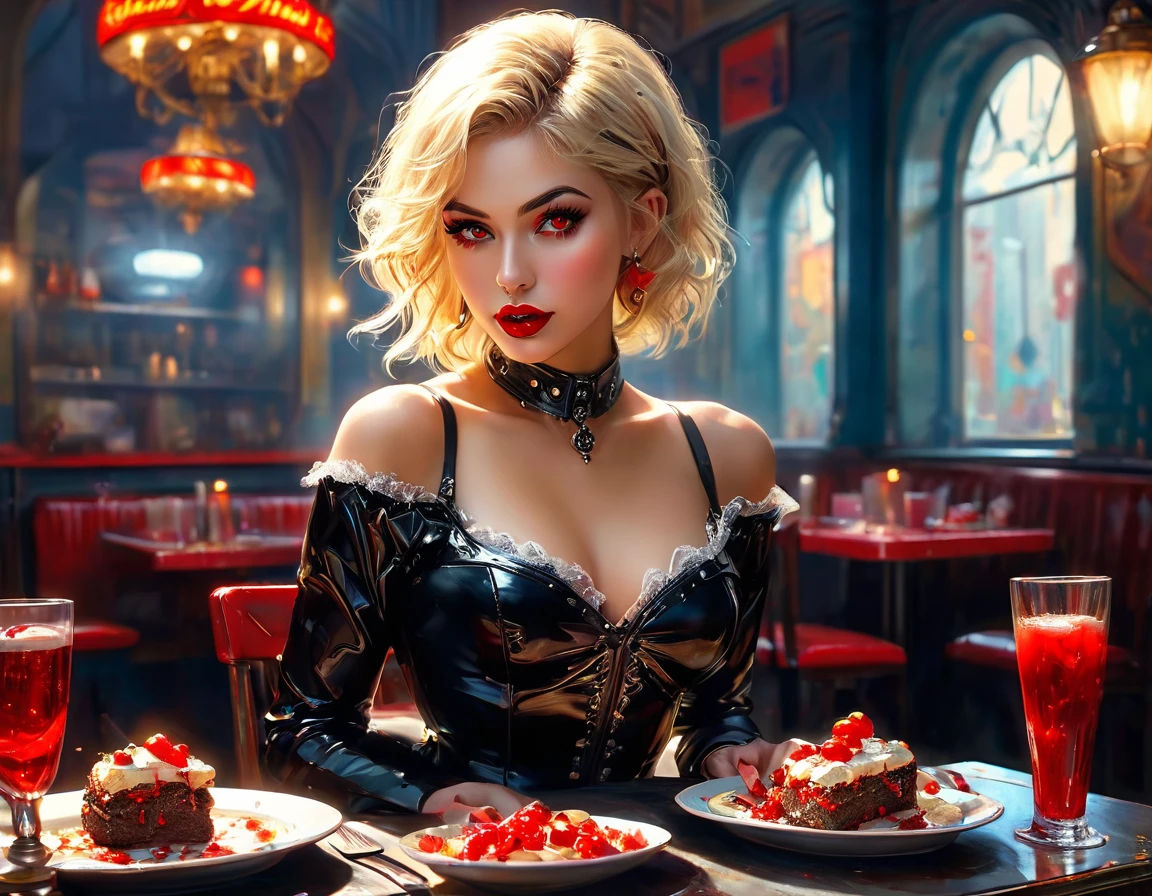 a 3D digital painting picture of extremely (beautiful female vanpire:1.3) serving a big juicy raw steak on a tray, dripping blood in a goth American diner, an exquisite beautiful female (vampire:1.3), (full body: 1.1) ultra feminine ultra detailed face, blond hair, short hair, red lips, red eyes, glowing eyes,  wearing sexy white seductive latex dress, serving a goth diner American kitchen background, full body dynamic angle, , award winning, best quality, high quality, high details, highres, vibrant, Ultra-high resolution, High Contrast, (masterpiece:1.5), highest quality, Best aesthetics, best details, best quality, highres, ultra wide angle, 16k, [ultra detailed], masterpiece, best quality, photorealistic, 3D rendering, hud_s1n, short black dress, long sleeves, veil, thighhighs