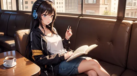 girl with headphones enjoying music in a cafe　i am studying　emphasize a little bit of the chest