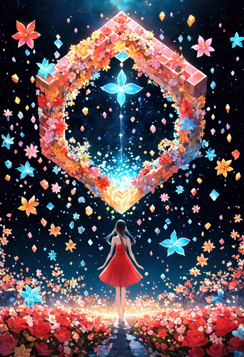 night，Beautiful Girl, Exquisite face, Blue gradient 3D pixel blocks, A structure that was initially intact but gradually disintegrated in the air, (Thousand Flower Glass), Starry Sky，fantasy，magic，mystery，illusory，Dreamy，Inverted, red symmetry, high quality，Octane Rendering，Concept map of the scene,