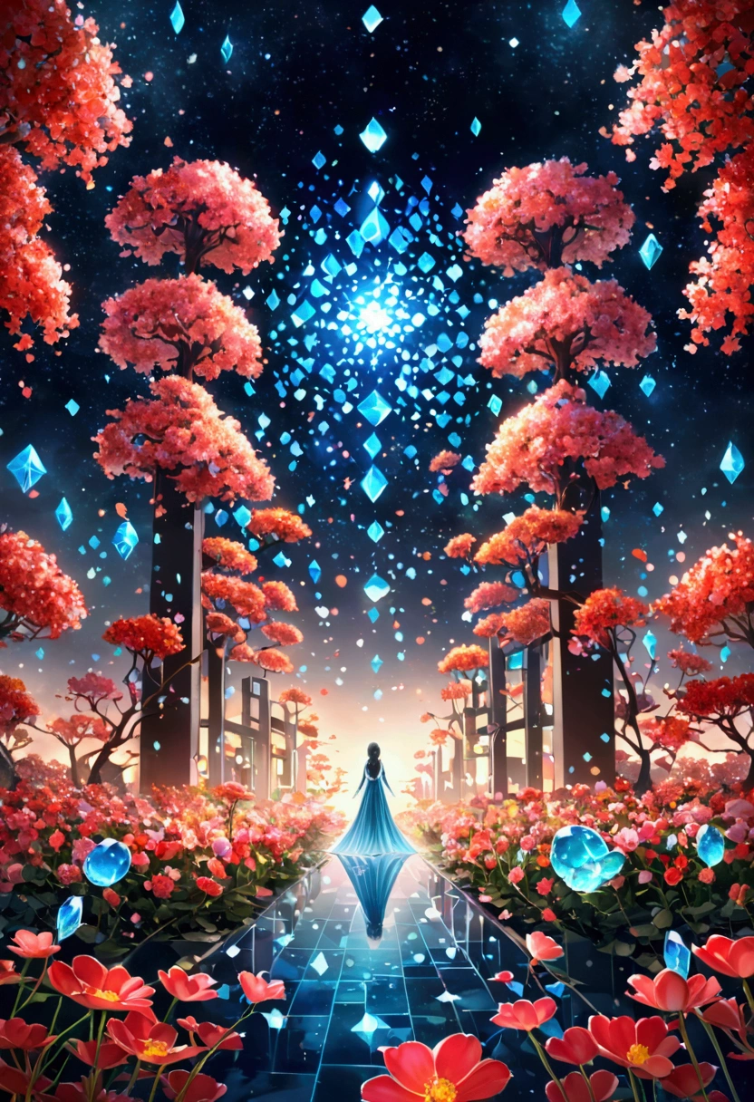 night，Beautiful Girl, Exquisite face, Blue gradient 3D pixel blocks, A structure that was initially intact but gradually disintegrated in the air, (Thousand Flower Glass), Starry Sky，fantasy，magic，mystery，illusory，Dreamy，Inverted, red symmetry, high quality，Octane Rendering，Concept map of the scene,