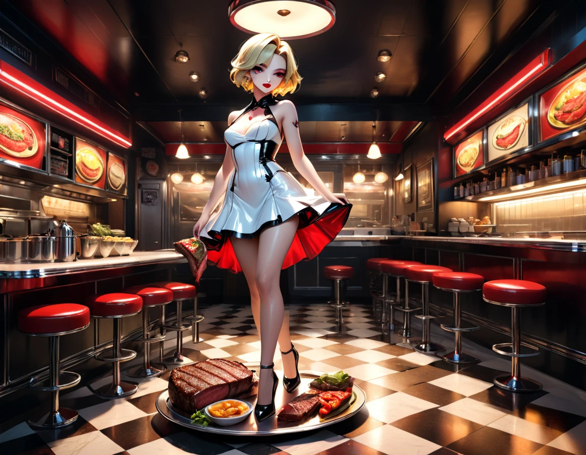 a 3D digital painting picture of extremely (beautiful female vanpire:1.3) ((serving a big juicy raw steak: 1.3)) on a tray, dripping blood in a goth American diner, an exquisite beautiful female (vampire:1.3), (full body: 1.3) ultra feminine ultra detailed face, blond hair, short hair, red lips, red eyes, glowing eyes, wearing sexy white seductive latex dress, serving a goth diner American kitchen background, full body dynamic angle, , award winning, best quality, high quality, high details, highres, vibrant, Ultra-high resolution, High Contrast, (masterpiece:1.5), highest quality, Best aesthetics, best details, best quality, highres, ultra wide angle, 16k, [ultra detailed], masterpiece, best quality, photorealistic, 3D rendering, furry