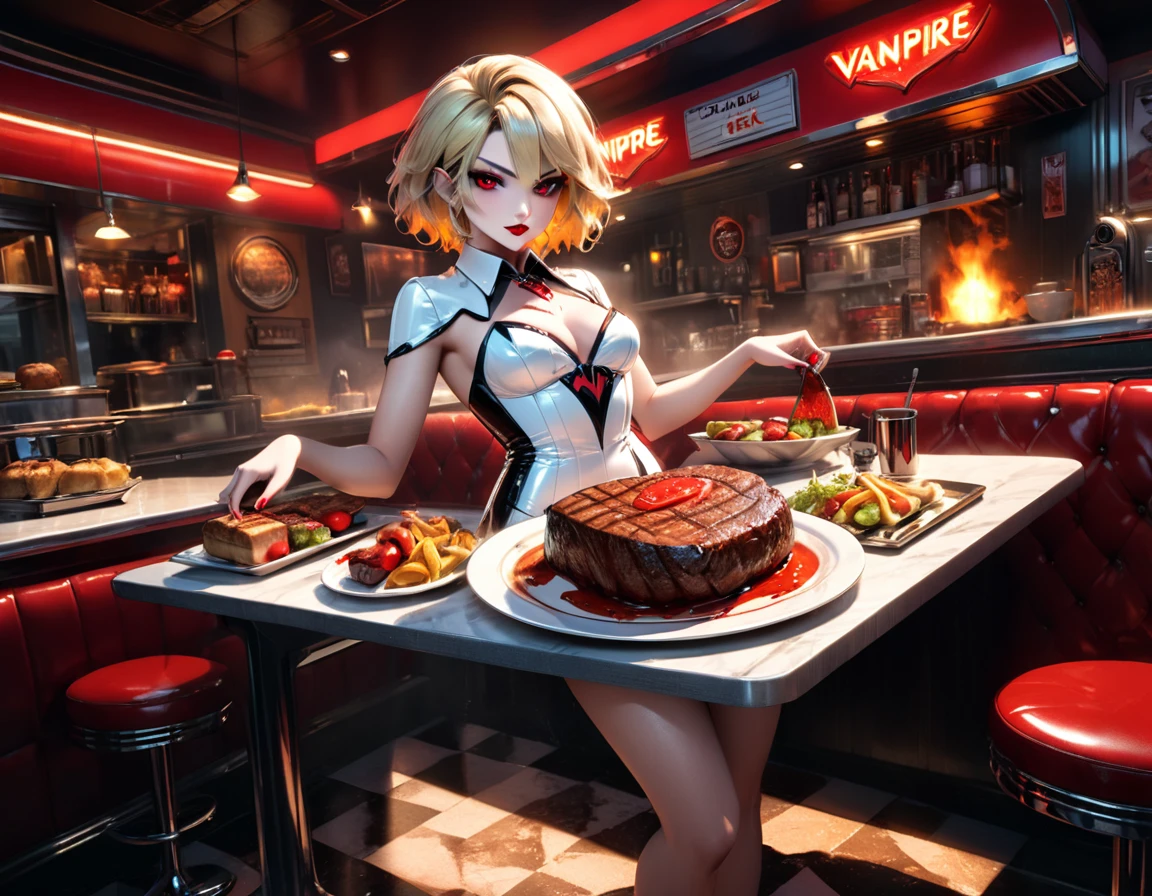 a 3D digital painting picture of extremely (beautiful female vanpire:1.3) ((serving a big juicy raw steak: 1.3)) on a tray, dripping blood in a goth American diner, an exquisite beautiful female (vampire:1.3), (full body: 1.3) ultra feminine ultra detailed face, blond hair, short hair, red lips, red eyes, glowing eyes, wearing sexy white seductive latex dress, serving a goth diner American kitchen background, full body dynamic angle, , award winning, best quality, high quality, high details, highres, vibrant, Ultra-high resolution, High Contrast, (masterpiece:1.5), highest quality, Best aesthetics, best details, best quality, highres, ultra wide angle, 16k, [ultra detailed], masterpiece, best quality, photorealistic, 3D rendering, furry