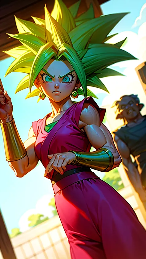 kefla, keflassj, 1girl, solo, aqua eyes, green hair, spiked hair, super saiyan, super saiyan 1, green earrings, muscular, muscul...