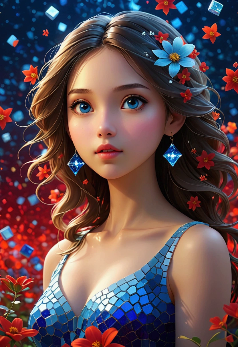 night，Beautiful Girl, Exquisite face, Blue gradient 3D pixel blocks, A structure that was initially intact but gradually disintegrated in the air, (Thousand Flower Glass), Starry Sky，fantasy，magic，mystery，illusory，Dreamy，Inverted, red symmetry, high quality，Octane Rendering，Concept map of the scene,