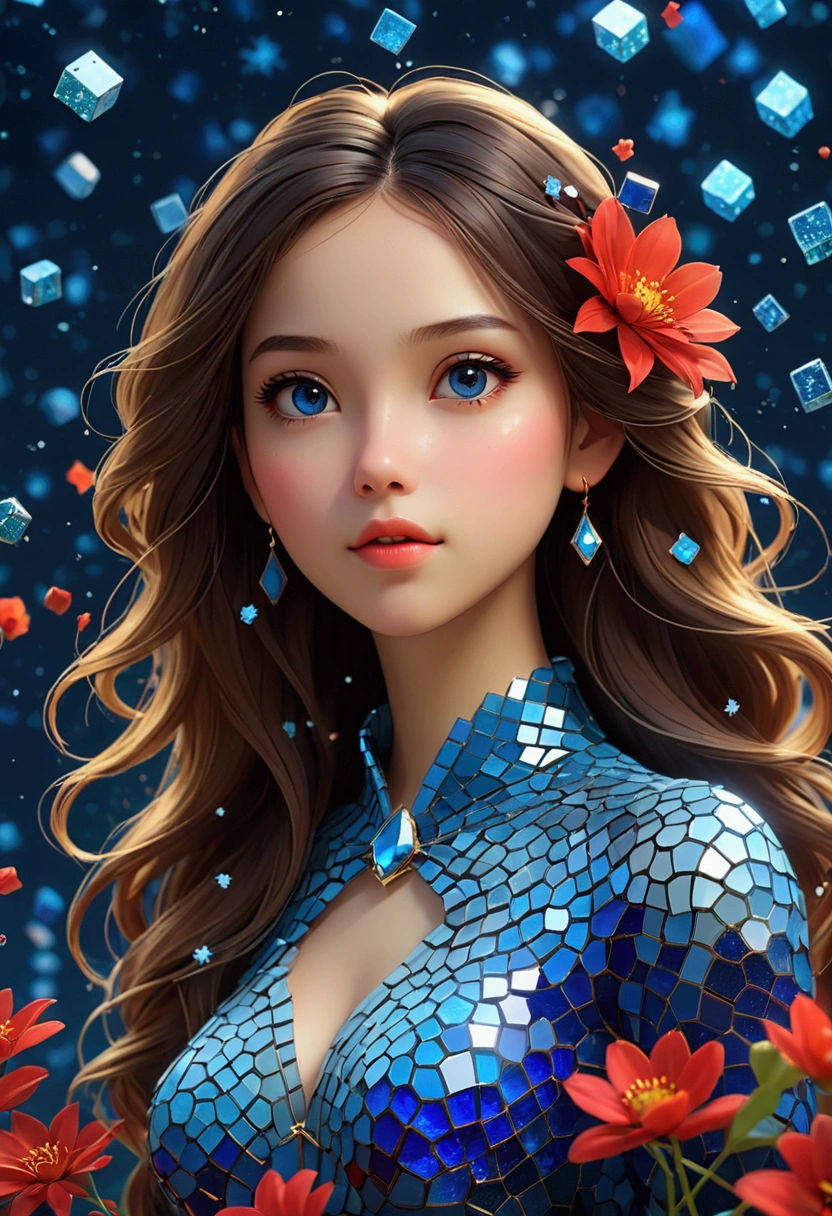 night，Beautiful Girl, Exquisite face, Blue gradient 3D pixel blocks, A structure that was initially intact but gradually disintegrated in the air, (Thousand Flower Glass), Starry Sky，fantasy，magic，mystery，illusory，Dreamy，Inverted, red symmetry, high quality，Octane Rendering，Concept map of the scene,