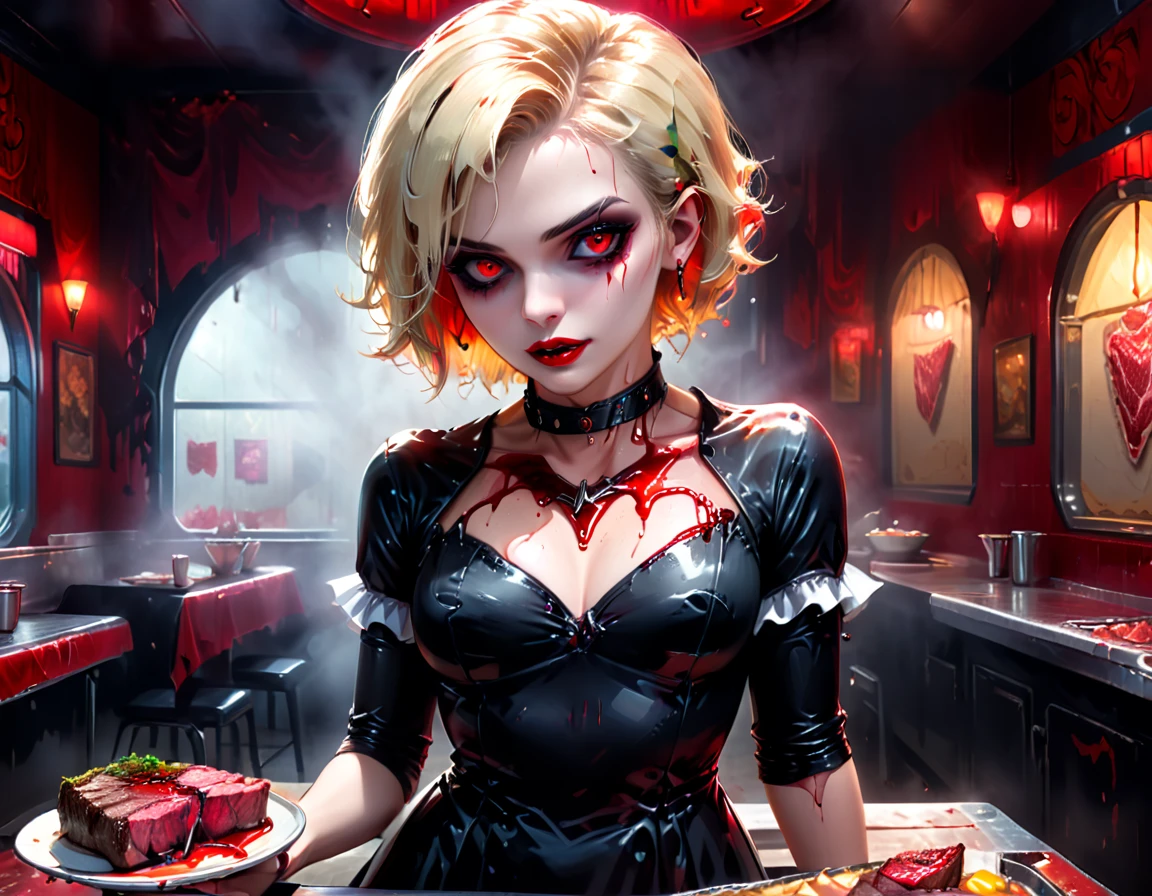 a 3D digital painting picture of extremely (beautiful female vanpire:1.3) ((serving a big juicy raw steak: 1.3)) on a tray, dripping blood in a goth American diner, an exquisite beautiful female (vampire:1.3), (full body: 1.3) ultra feminine ultra detailed face, blond hair, short hair, red lips, red eyes, glowing eyes, wearing sexy white seductive latex dress, serving a goth diner American kitchen background, full body dynamic angle, , award winning, best quality, high quality, high details, highres, vibrant, Ultra-high resolution, High Contrast, (masterpiece:1.5), highest quality, Best aesthetics, best details, best quality, highres, ultra wide angle, 16k, [ultra detailed], masterpiece, best quality, photorealistic, 3D rendering,