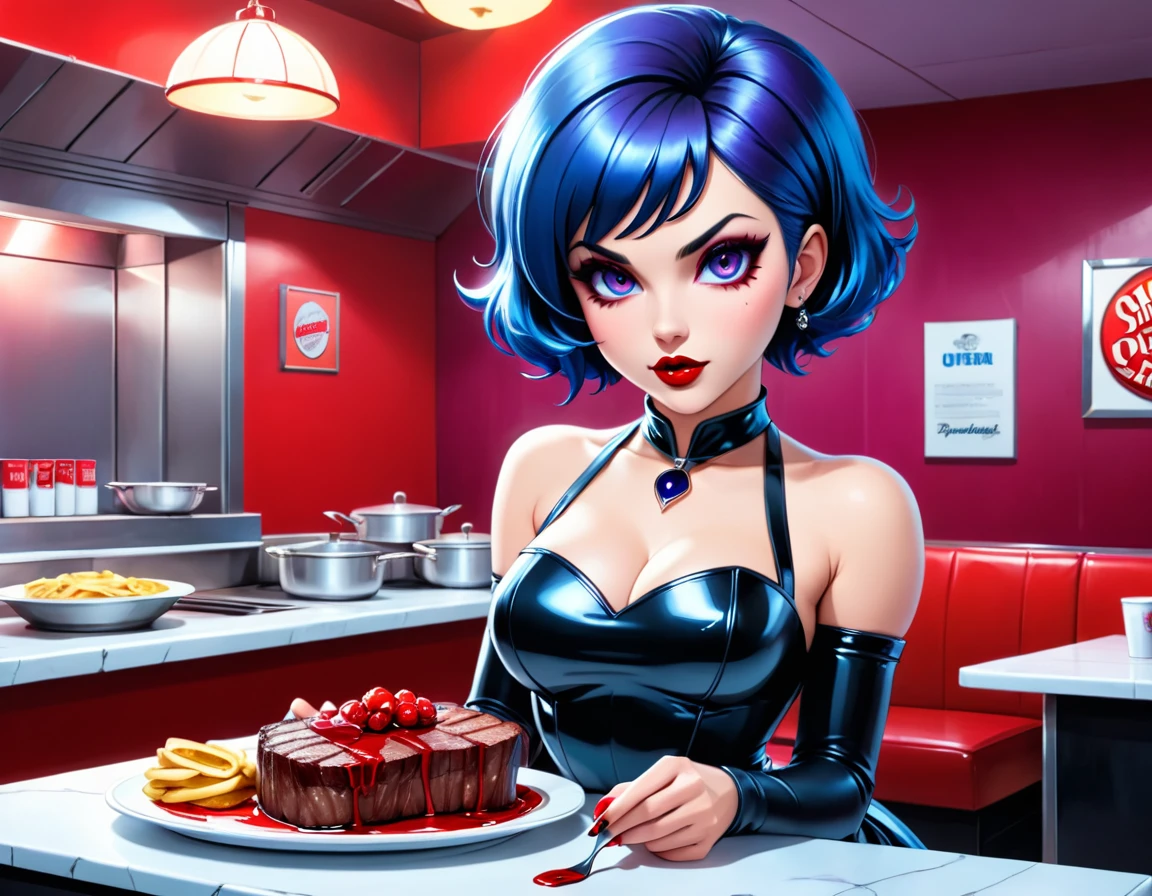 a 3D digital painting picture of extremely (beautiful female vanpire:1.3) serving a big juicy raw steak on a tray, dripping blood in a goth American diner, an exquisite beautiful female (vampire:1.3), (full body: 1.1) ultra feminine ultra detailed face, blue hair, short hair, red lips, lavender eyes, glowing eyes,  wearing sexy white seductive latex dress, serving a goth diner American kitchen background, full body dynamic angle, , award winning, best quality, high quality, high details, highres, vibrant, Ultra-high resolution, High Contrast, (masterpiece:1.5), highest quality, Best aesthetics, best details, best quality, highres, ultra wide angle, 16k, [ultra detailed], masterpiece, best quality, photorealistic, 3D rendering, huge anime eyes