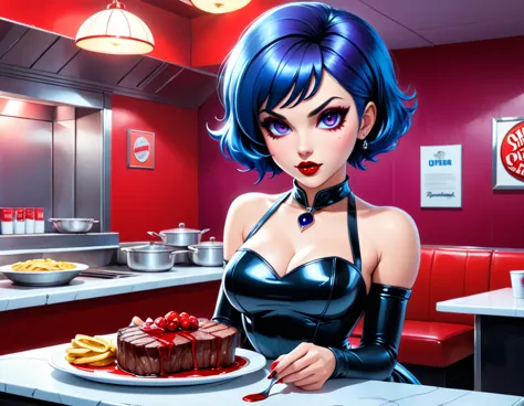 a 3D digital painting picture of extremely (beautiful female vanpire:1.3) serving a big juicy raw steak on a tray, dripping bloo...
