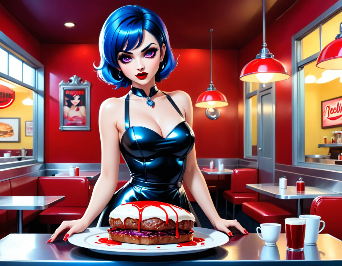 a 3D digital painting picture of extremely (beautiful female vanpire:1.3) serving a big juicy raw steak on a tray, dripping blood in a goth American diner, an exquisite beautiful female (vampire:1.3), (full body: 1.1) ultra feminine ultra detailed face, blue hair, short hair, red lips, lavender eyes, glowing eyes,  wearing sexy white seductive latex dress, serving a goth diner American kitchen background, full body dynamic angle, , award winning, best quality, high quality, high details, highres, vibrant, Ultra-high resolution, High Contrast, (masterpiece:1.5), highest quality, Best aesthetics, best details, best quality, highres, ultra wide angle, 16k, [ultra detailed], masterpiece, best quality, photorealistic, 3D rendering, huge anime eyes