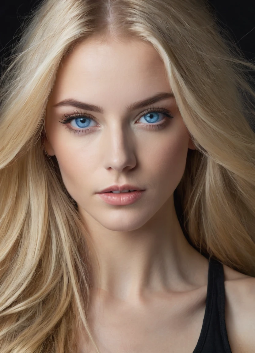 Portrait of a stunning woman with piercing blue eyes and long flowing blond hair, wear a black tank top, super realistic, intricate details in clothing and facial features, Studio lighting for enhanced depth and realism, looks straight into the camera