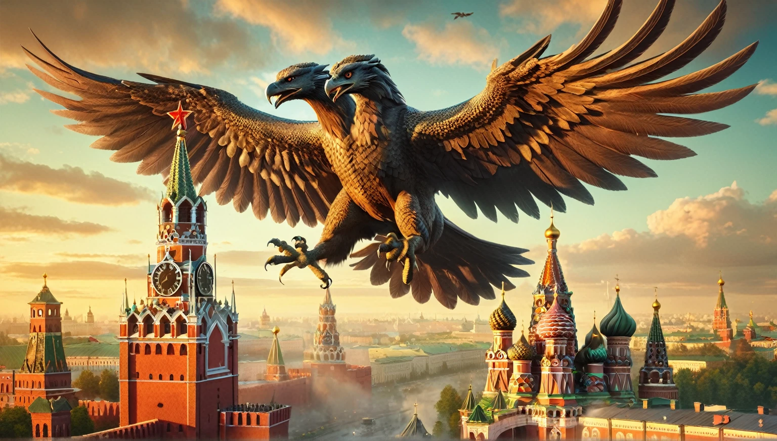 there is a large bird flying over a city with a clock tower, dragon invasion of moscow, by Alexander Kucharsky, by Igor Grabar, flying mythical beasts, 3 d render and matte painting, sergey zabelin, by Serhii Vasylkivsky, imperial russia, russia in 2 0 2 1, gryphon, by Fyodor Rokotov